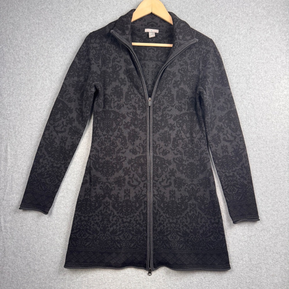 Skyr Cardigan Womens Small Gray Black Sweater Damask Jacquard Full Zip Longline